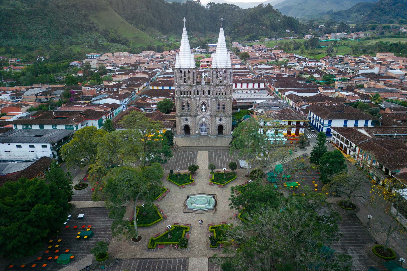 An aerial view of Ryan and Sara in Plaza de Libertador with the Basilica of Immaculate Conception as the main focus.