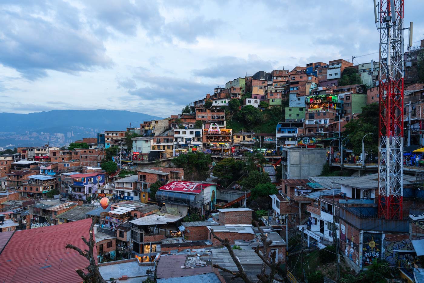 Blue hour over the Comuna 13 favelas in Medellin.