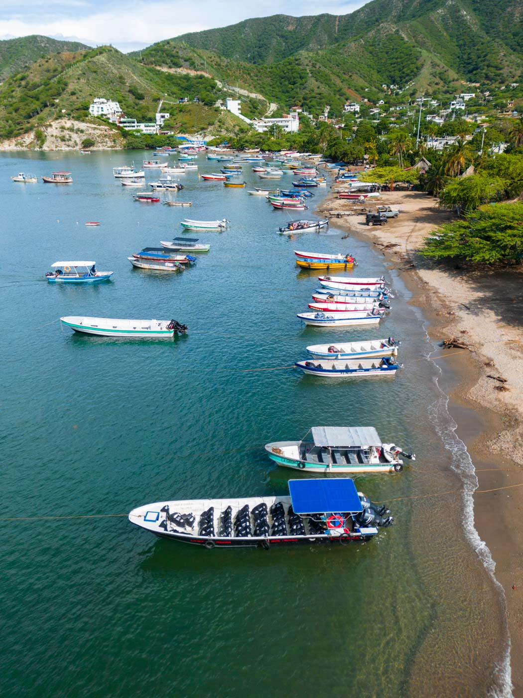 Boats anchored along the whole Playa Taganga shore front.