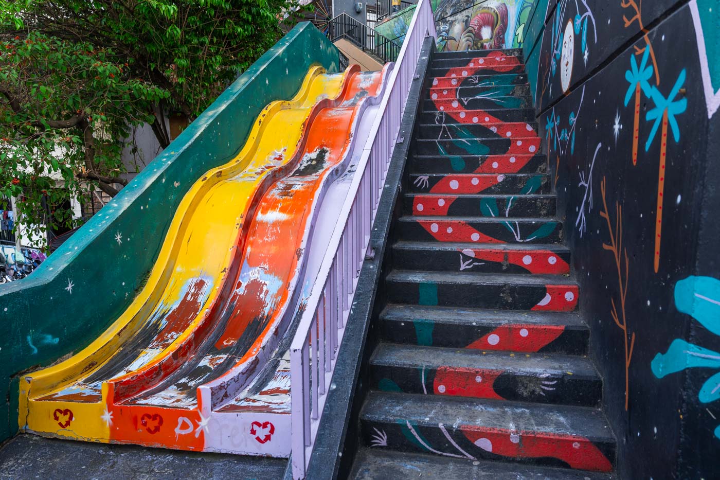 A colourful slide built as a memorial for the death of a local boy.