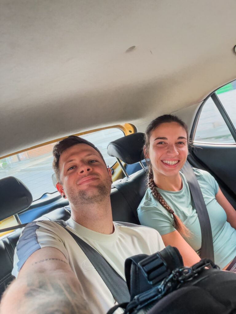 Ryan and Sara travelling in a taxi in Santa Marta.