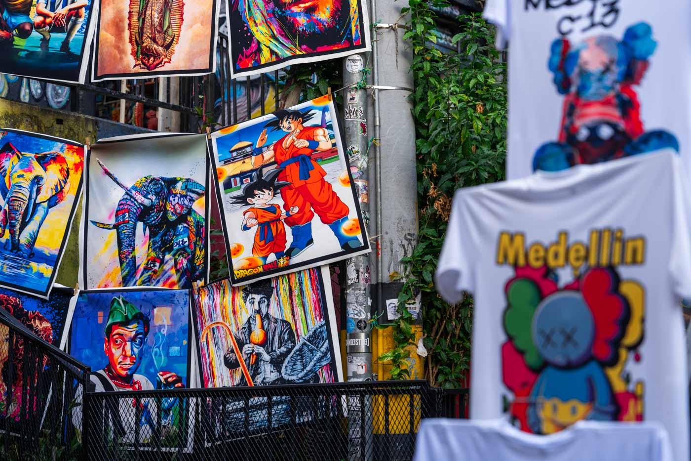 A range of distinct art products being sold in Comuna 13.