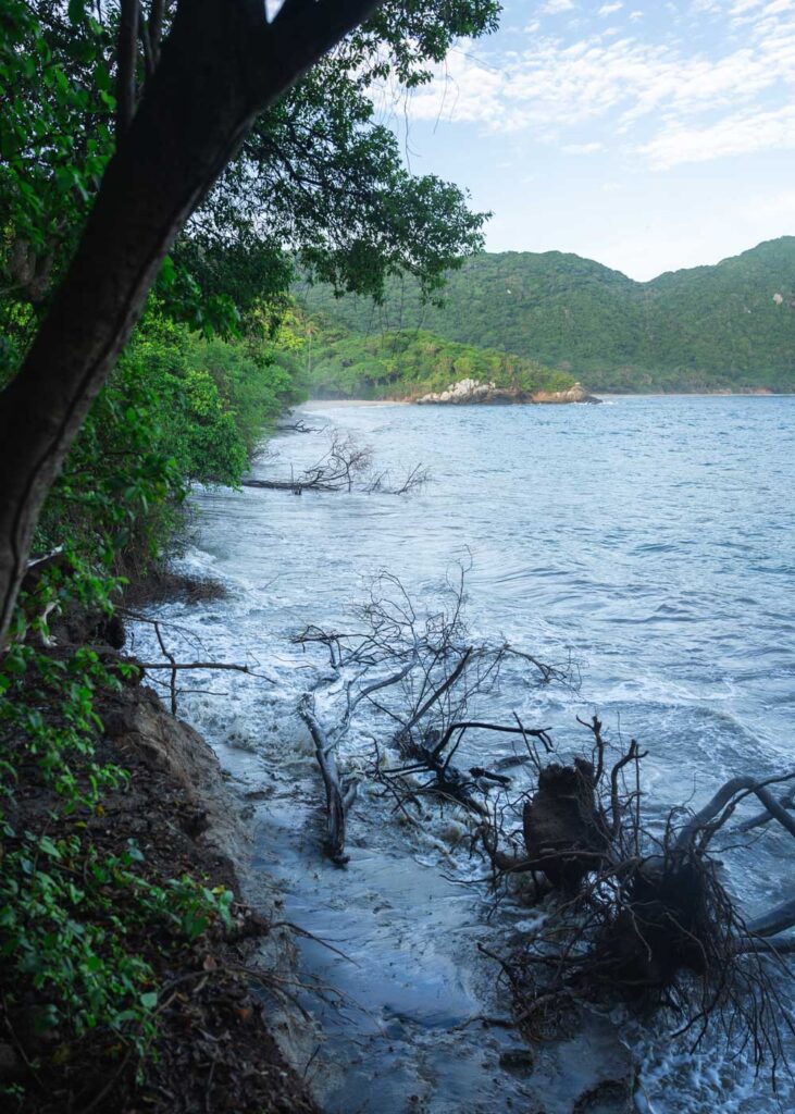 Beach submerged by ocean at high tide in Tayrona National Park.