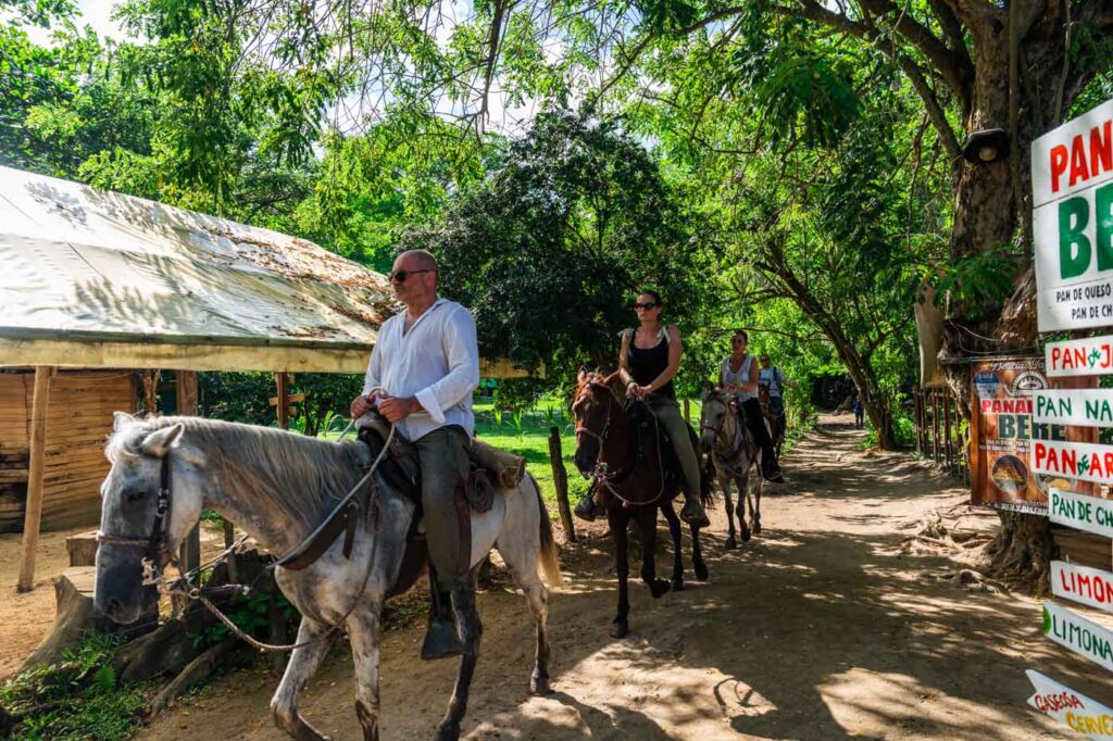 Three tourists and a guide on horses in Tayrona National Park.