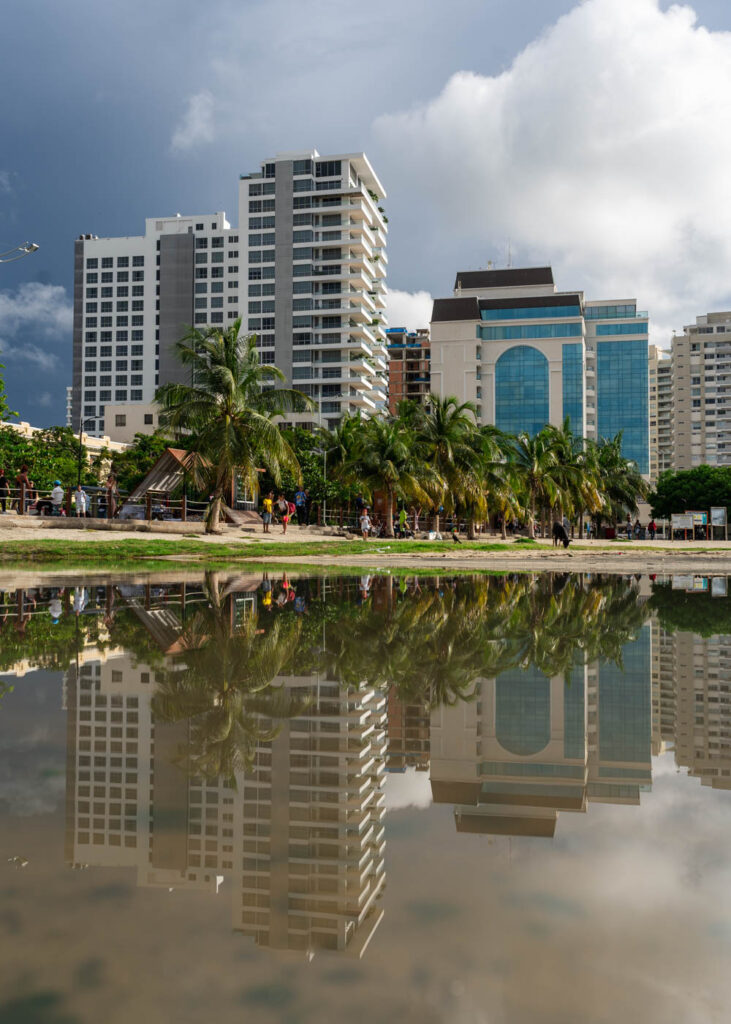 Hotels and palm trees being reflected on a body of water.
