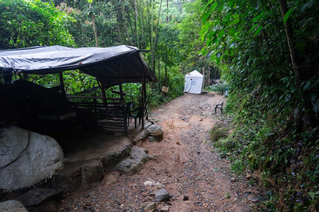 Forested dirt path leading down to a white first aid tent at the entrance of Pozo Azul.