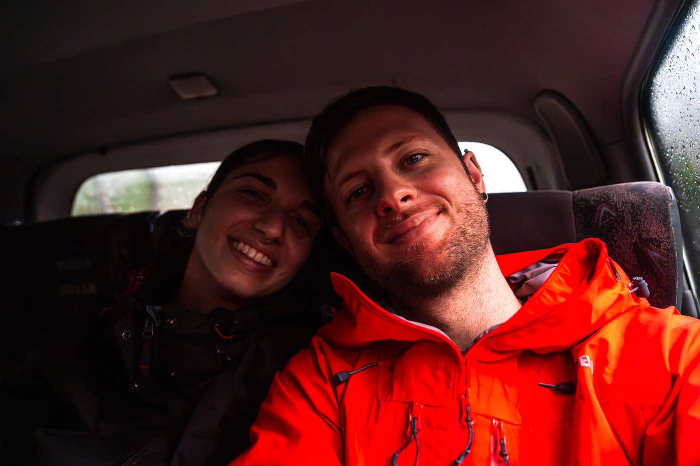 Ryan and Sara taking a selfie inside the Cootrasminca bus waiting to go back to Santa Marta.
