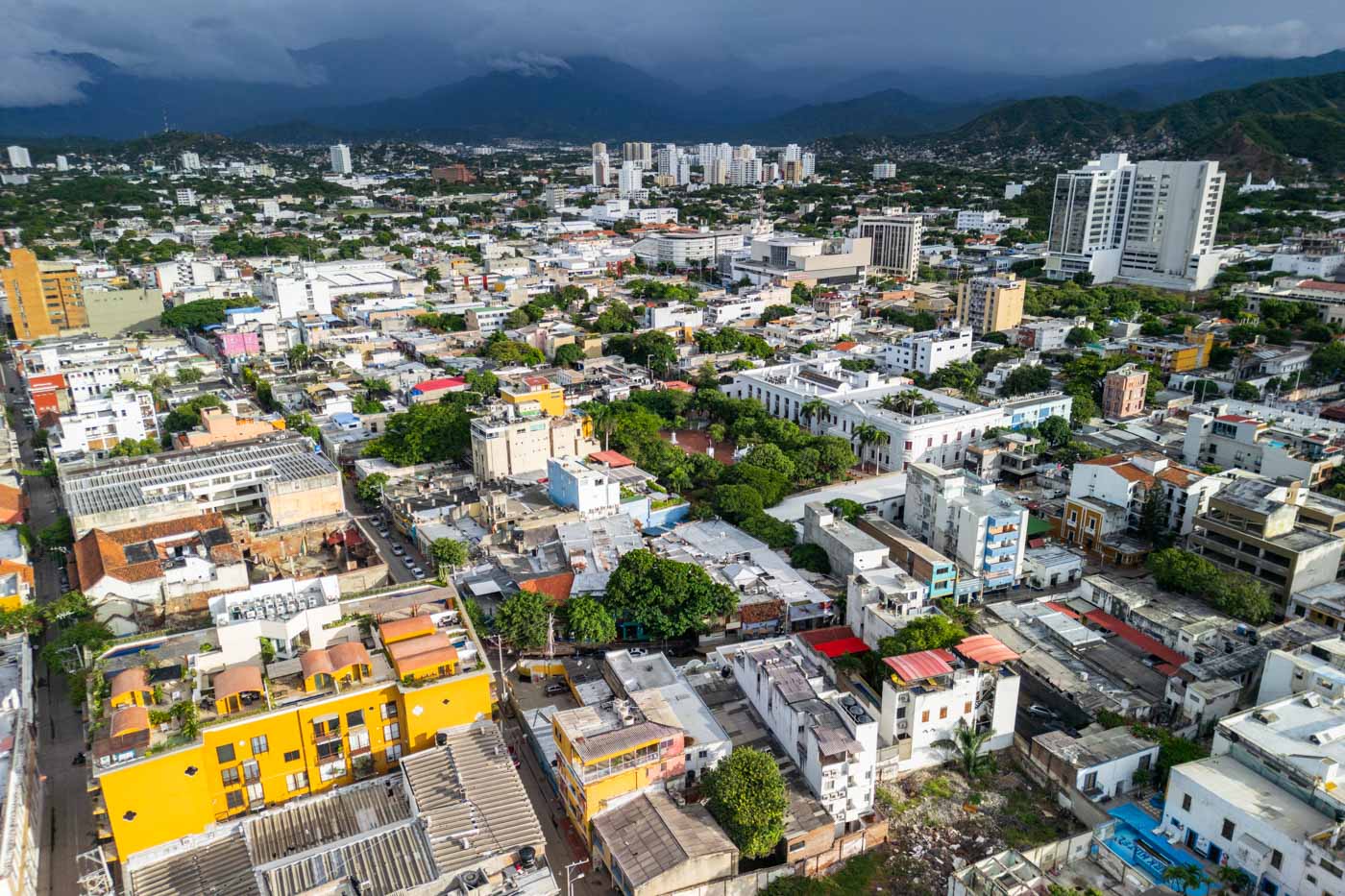 Aerial photo across downtown Santa Marta on a stormy day.