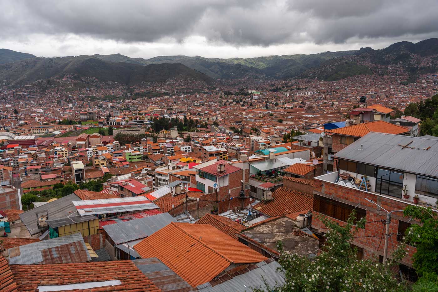 A view over Cusco city on an overcast day seen from the upper area of the San Blas neighborhood.