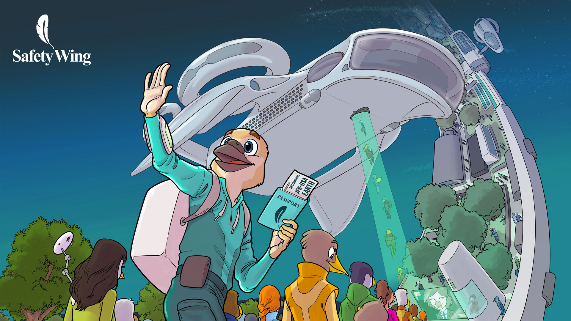A cartoon depiction of a humanoid bird holding a passport with the SafetyWing logo on it. He's waving goodbye to someone while joining the queue to board a spaceship.