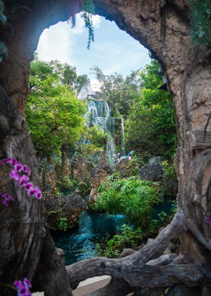 Looking through a hole made from gnarled wood at a waterfalls of turquoise water falling into a lake with trees and rock formations dotted around like a fairytale scene.